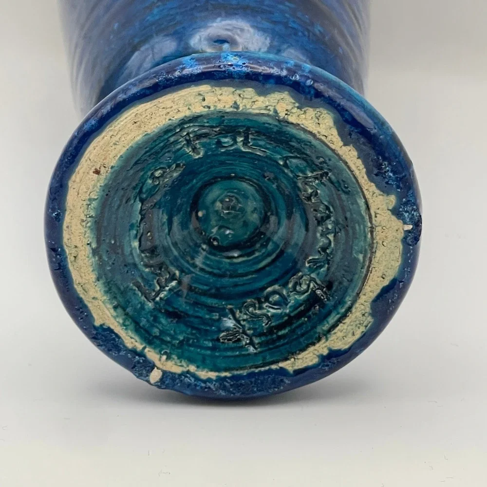 Pol Chambost France Studio Pottery Blue Glazed Tapered Footed Vase MCM 6.25in